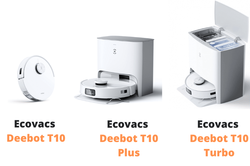Alle Modelle der Ecovacs Deebot T10 Serie sind vor einem weißen Hintergrund zu sehen.